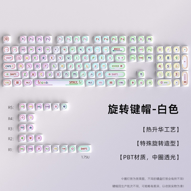 Unique White Rotary Shape Thick PBT Keycaps Shinethrough Ring