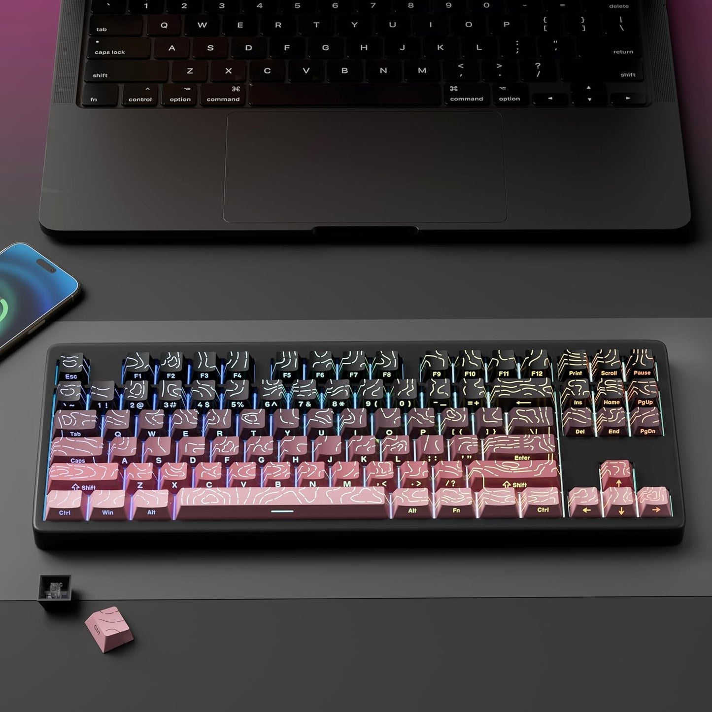 Topographic Black Pink Line Crack Gradient Side Backlit Cherry PBT Keycaps