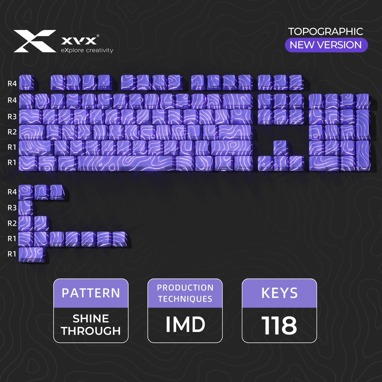 PREMIUM Purple Topographic Pattern IMD-Tech Shinethrough Keycap