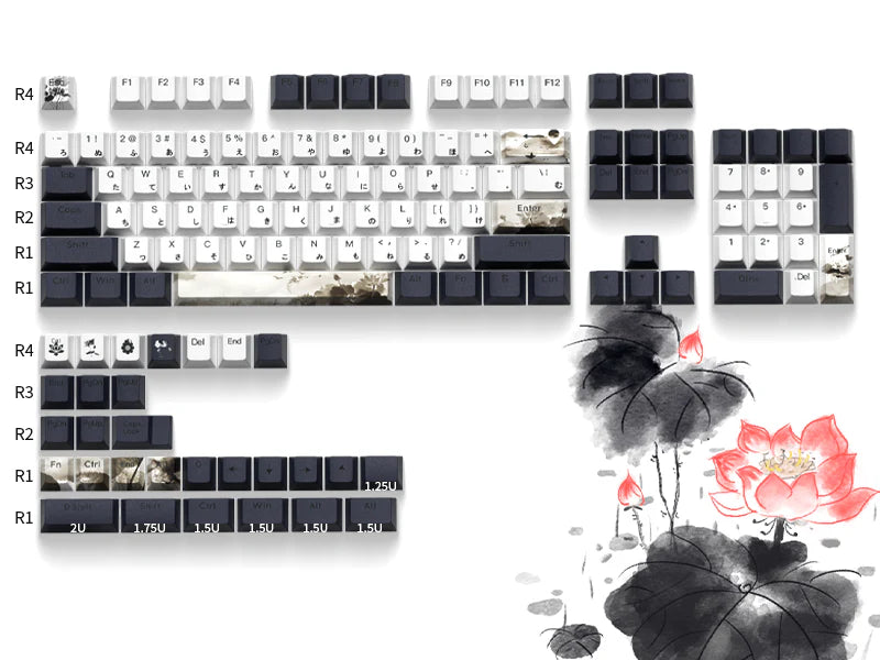 Japanese  Lotus Shine Through Double shot 5-sided Dye-Sub PBT Keycap Set