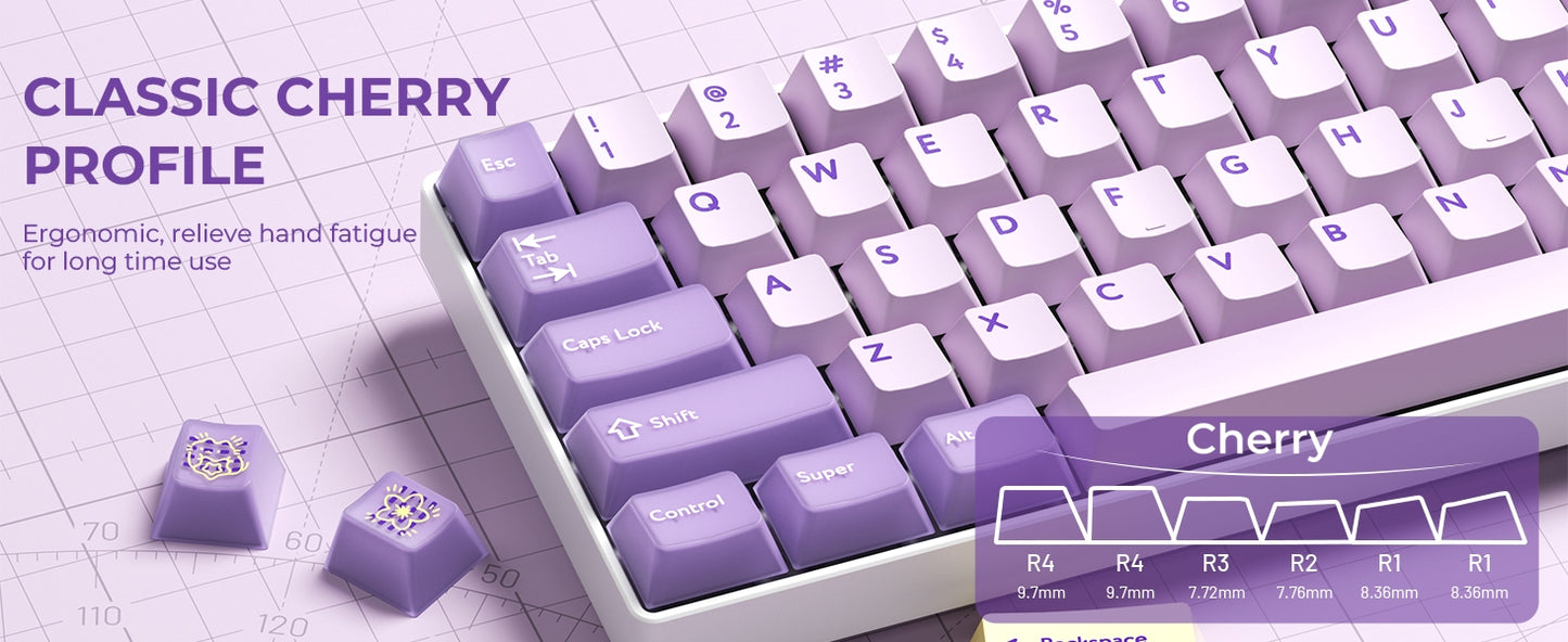 Lilac Dawn Cherry Doubleshot 216 PBT Keycaps with Premium Storage Box