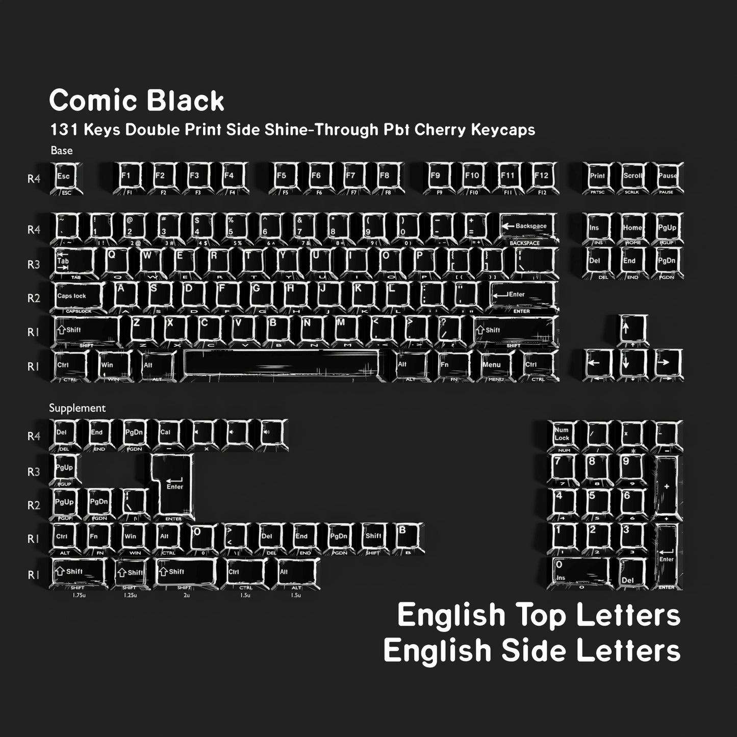 Comic Black Dual Legends Backlit Keycaps