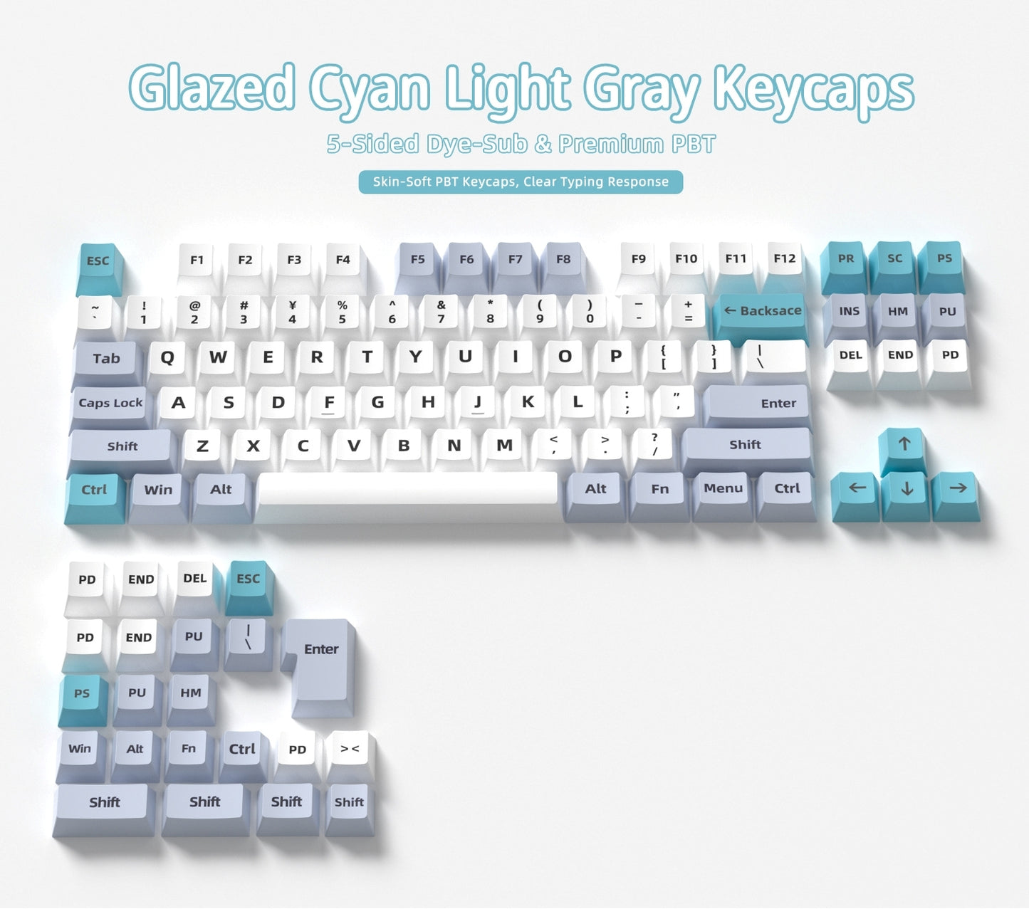 Glazed Cyan Light Gray Cherry PBT Keycaps