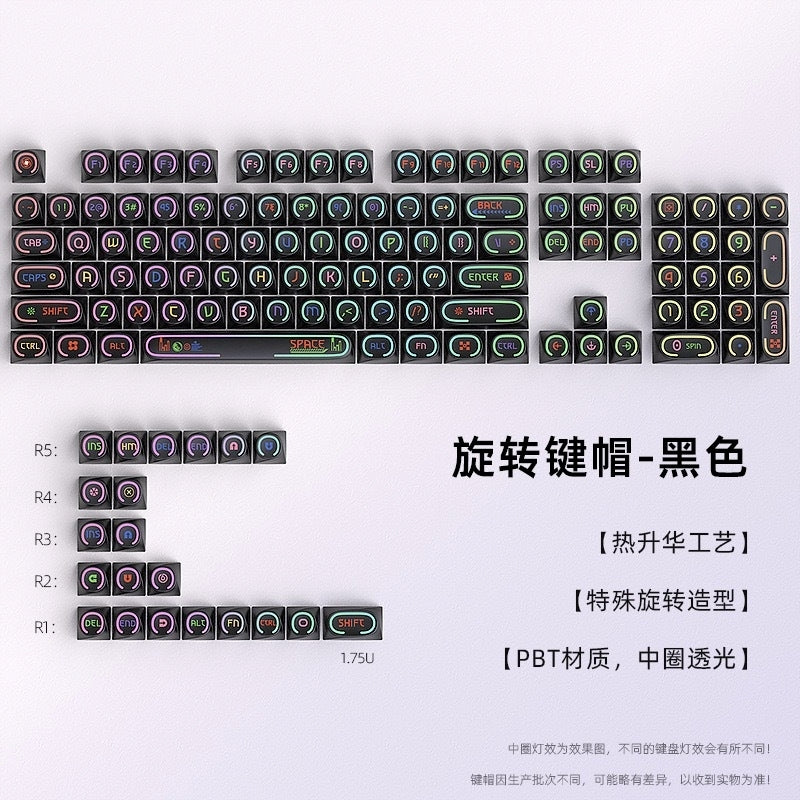 Unique Black Rotary Shape Thick PBT Keycaps Shinethrough Ring