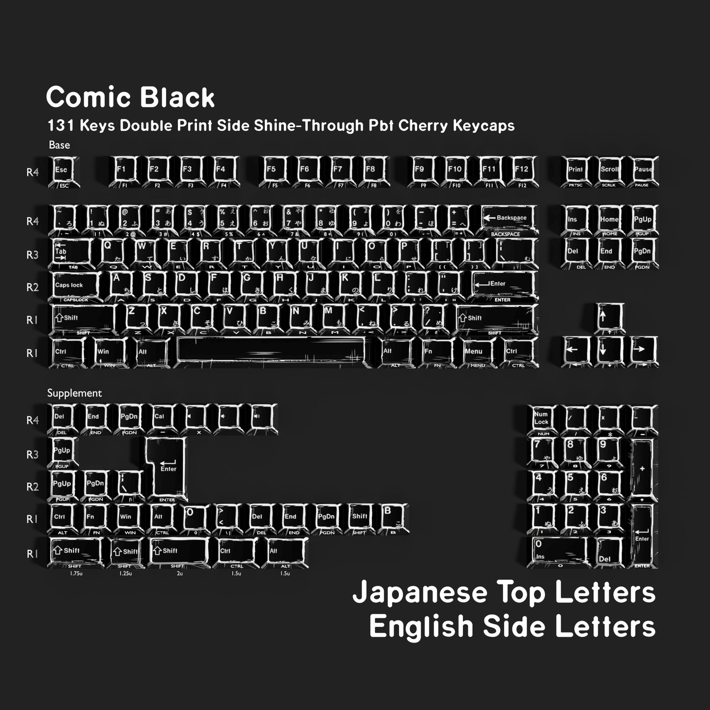 Comic Black Dual Legends Backlit Keycaps