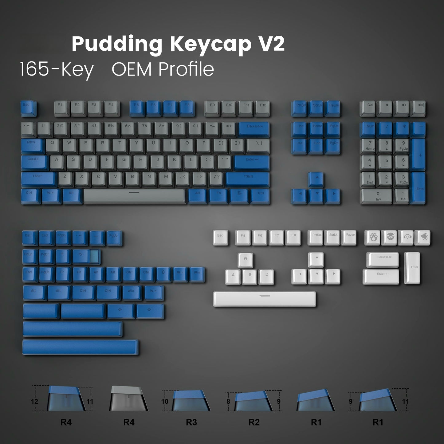 165 Pudding V2 PBT Blue Gray White Backlit Keycaps