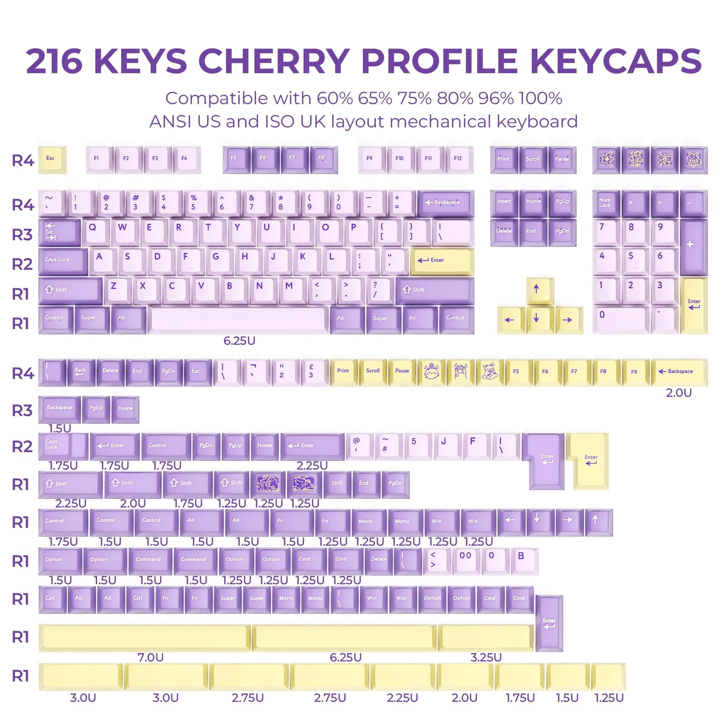 Lilac Dawn Cherry Doubleshot 216 PBT Keycaps with Premium Storage Box