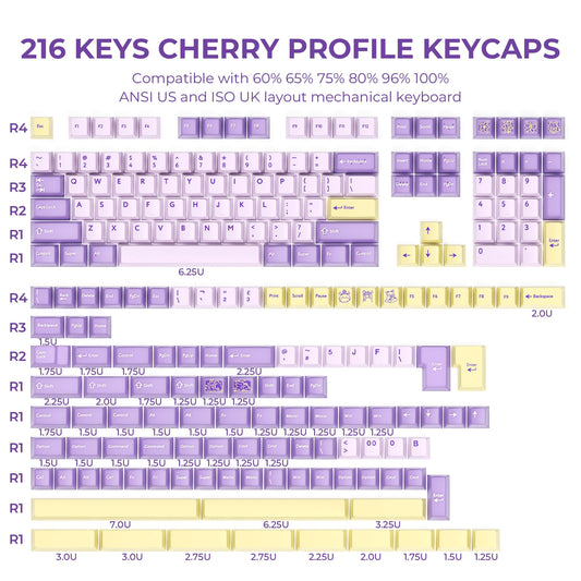 Lilac Dawn Cherry Doubleshot 216 PBT Keycaps with Premium Storage Box