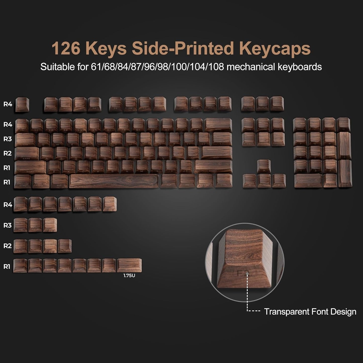 Walnut Wood Texture Side Backlit Cherry PBT Keycaps