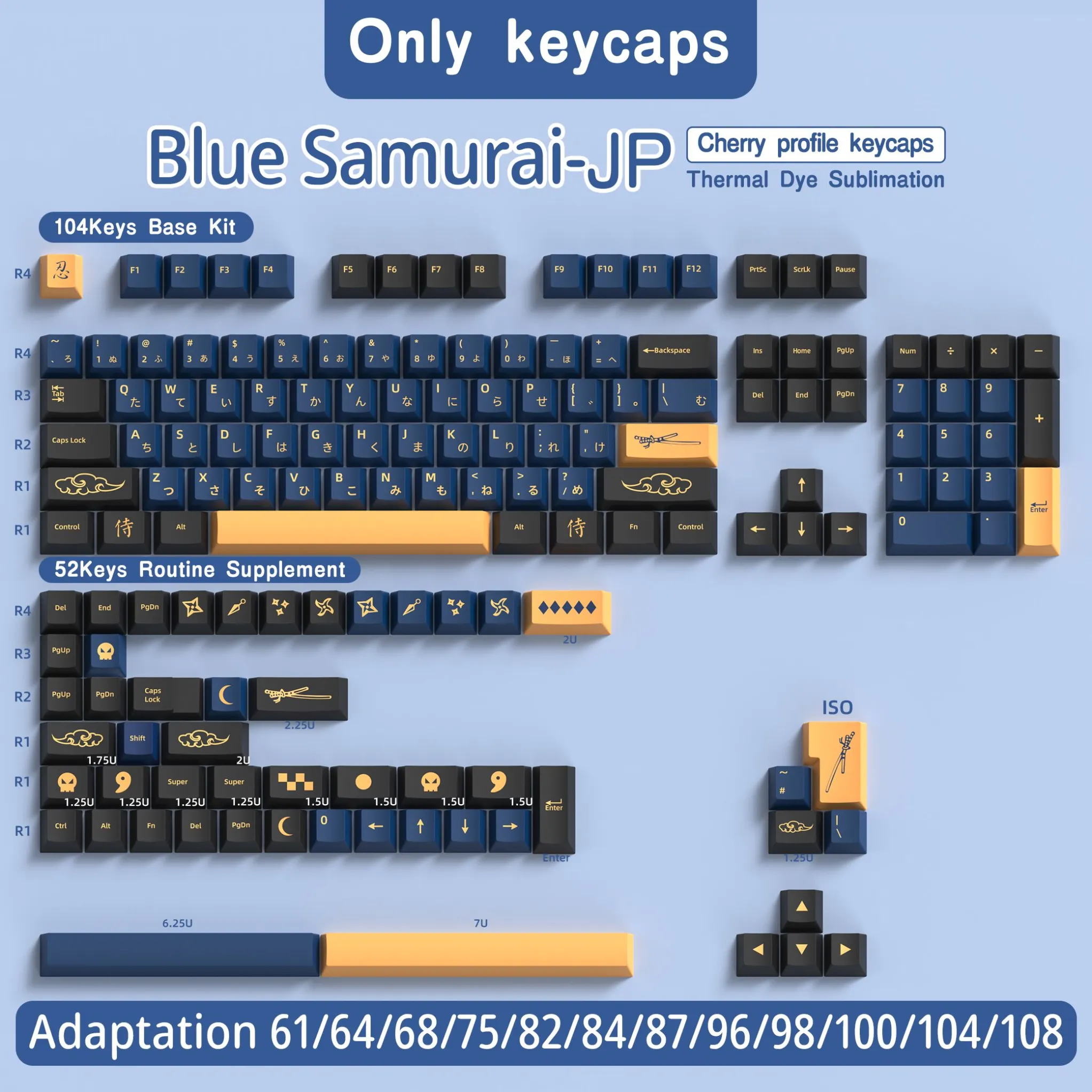 Backlit Samurai Keycaps Blue Samurai Japanese Sub Cherry PBT Clone Keycaps Extended Edition ...