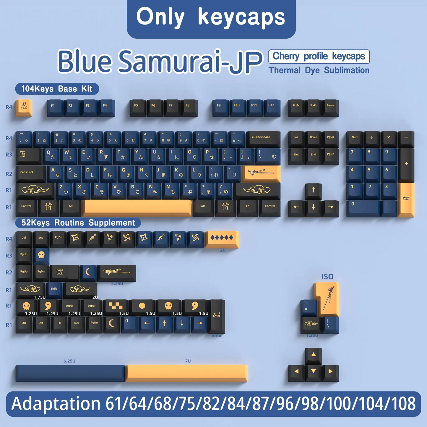 Blue Samurai Japanese Sub Cherry PBT Clone Keycaps Extended Edition