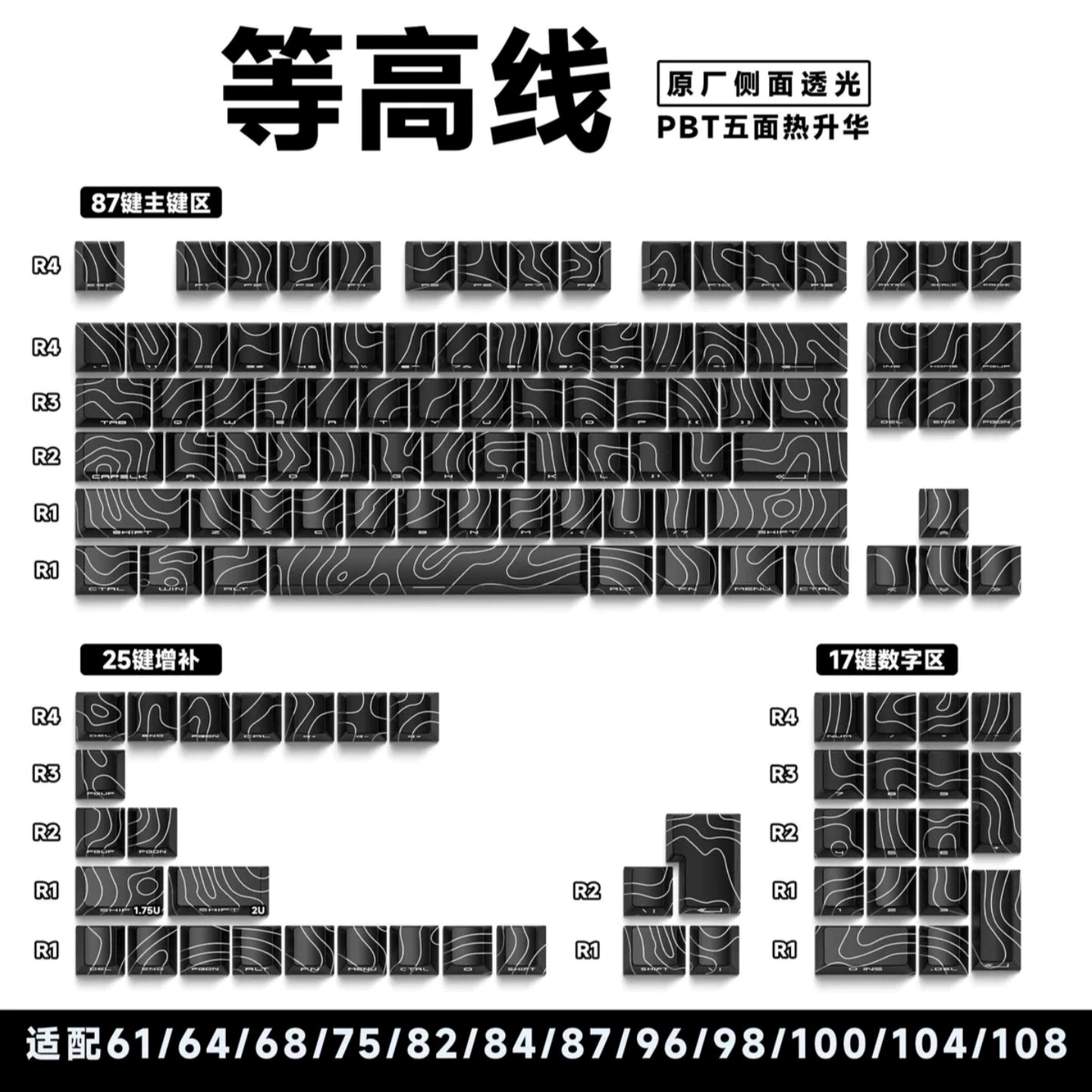 Topography Black Contour Legends Only Backlit Thick PBT Keycaps