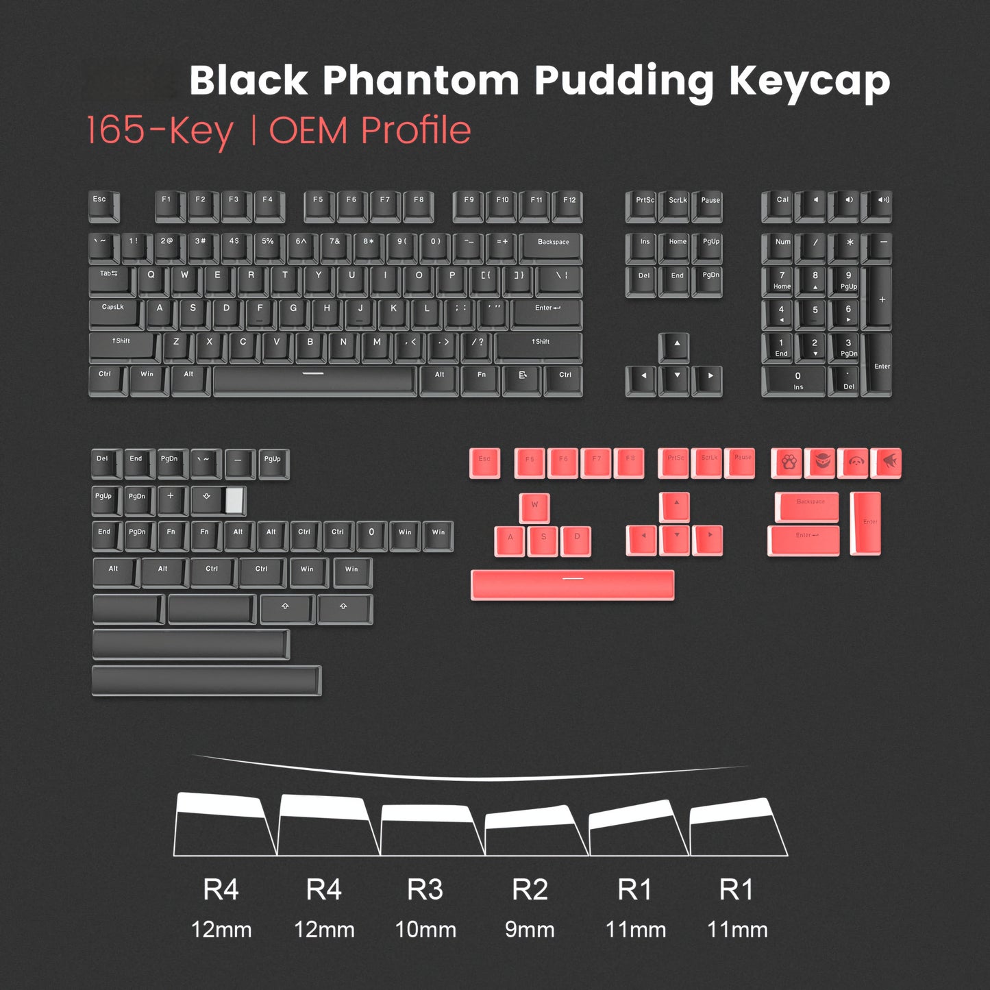 165 Pudding V2 PBT  Phantom Black Backlit Keycaps With Transparent Base