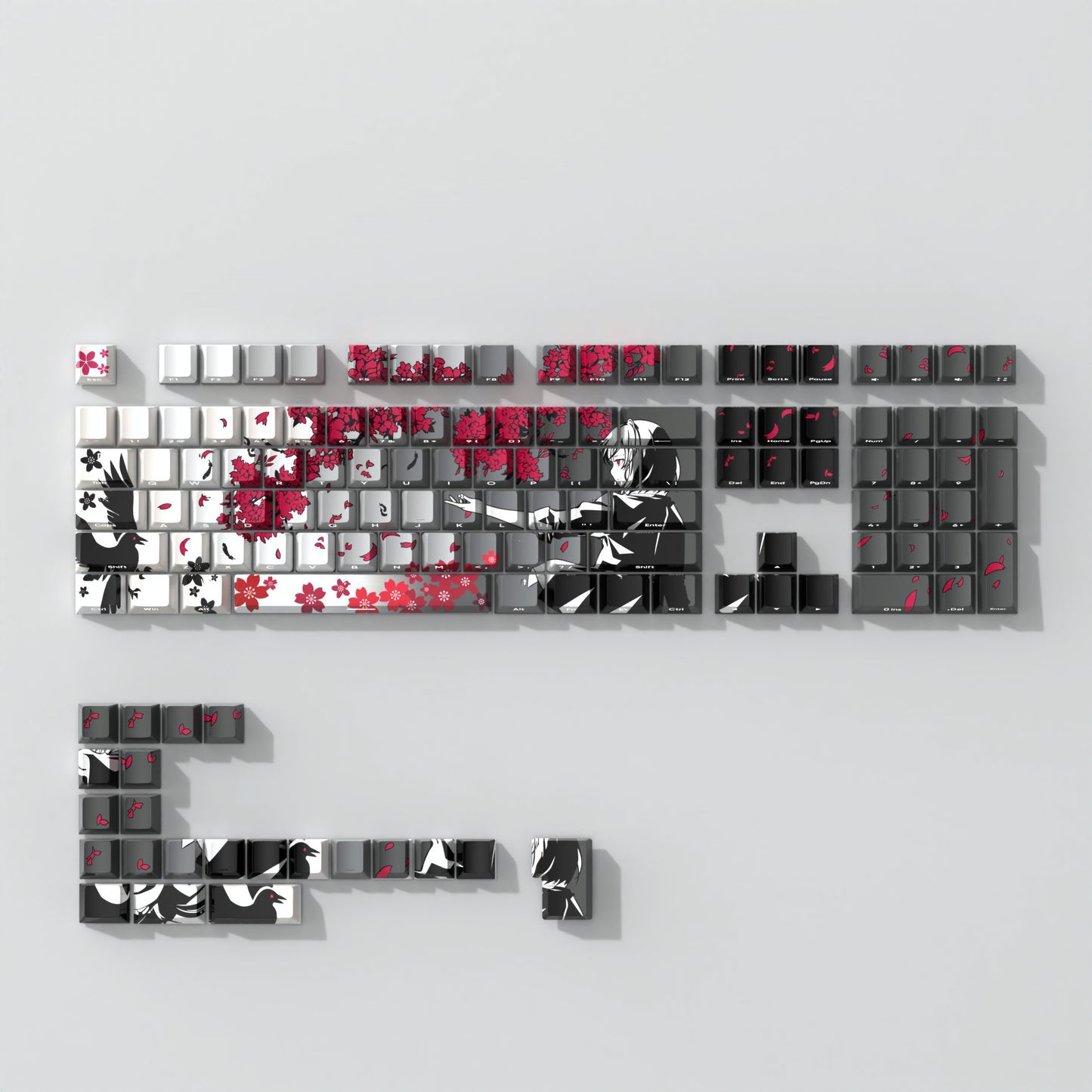 Sakura Raven Anime Gray White Side Shinethrough Cherry Doubleshot PBT Keycaps