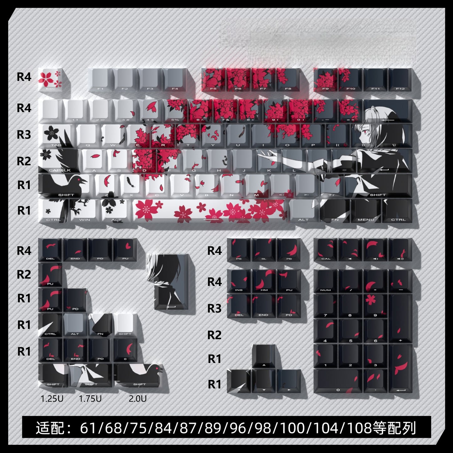 Sakura Raven Anime Gray White Side Shinethrough Cherry Doubleshot PBT Keycaps