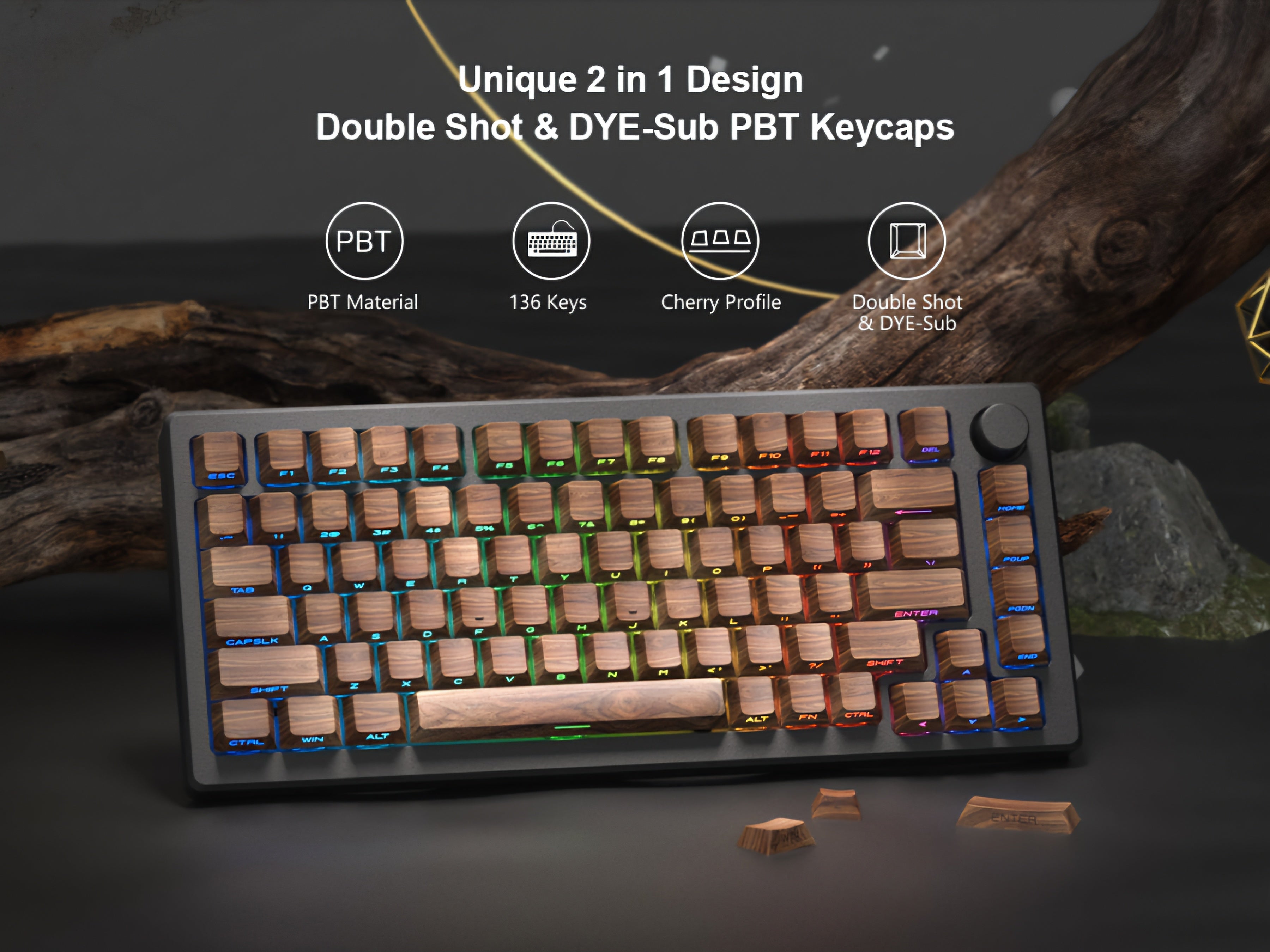 Walnut Wood Texture Side Backlit Cherry PBT Keycaps – CuriosityCaps