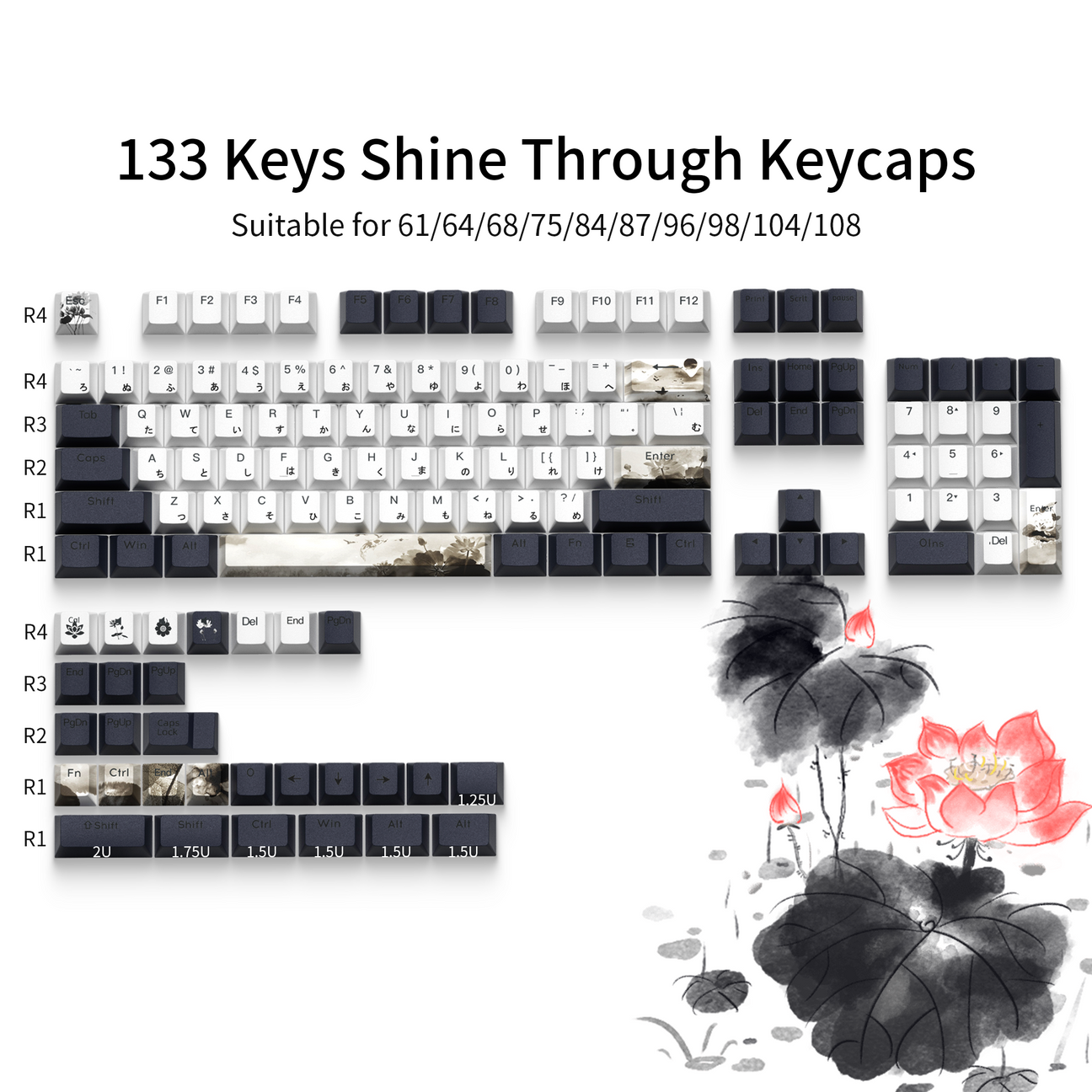 Japanese  Lotus Shine Through Double shot 5-sided Dye-Sub PBT Keycap Set