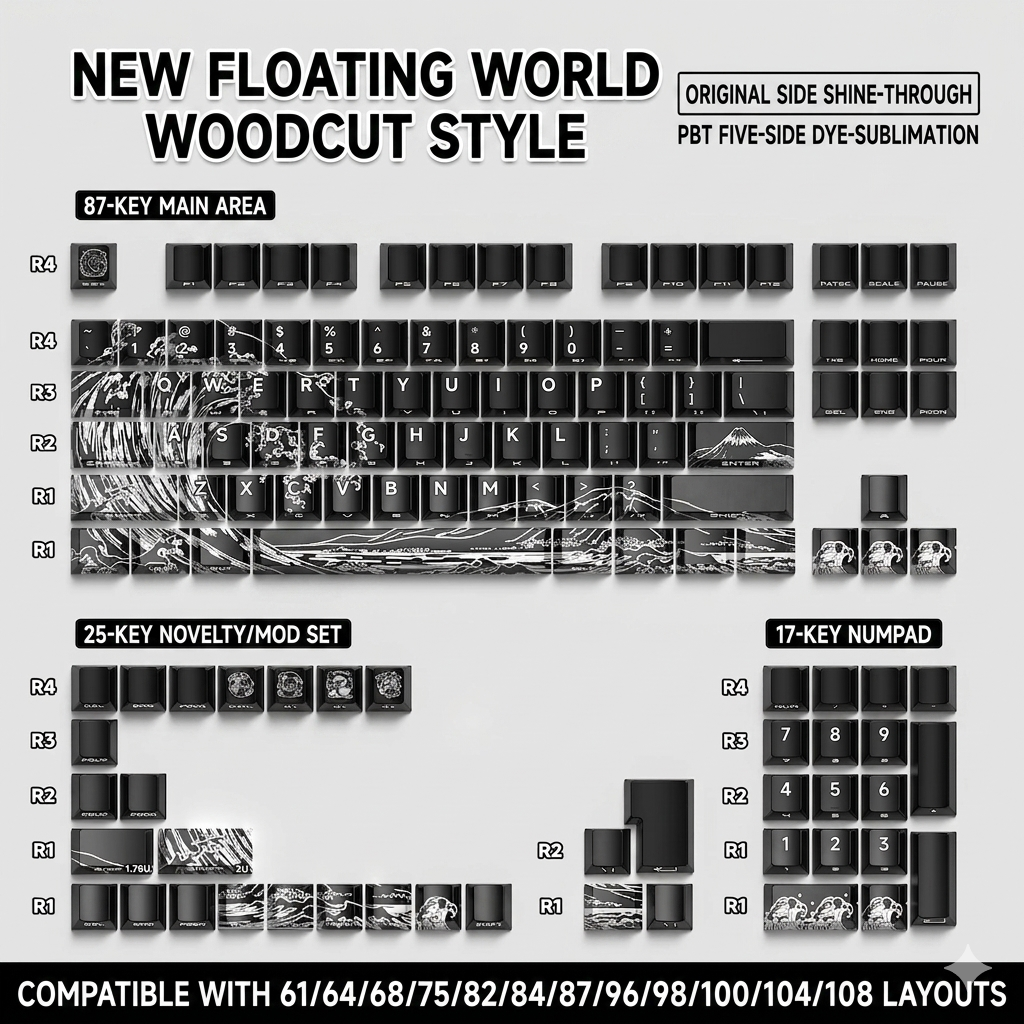 Ukiyo-e Blue Black Waves Quality Side Backlit Cherry PBT Keycaps