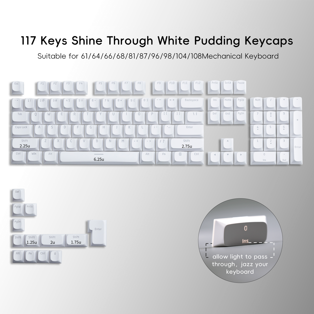 White Horizon Shinethrough Quality Thick Doubleshot PBT Pudding Style Keycaps